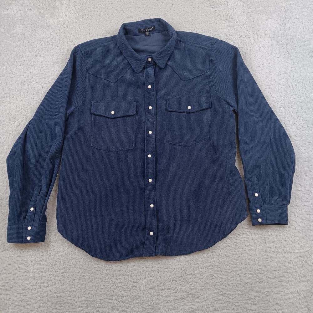 Velvet Heart Shirt Western Corduroy Women L Navy Blue Snap Front 4AI-23804N